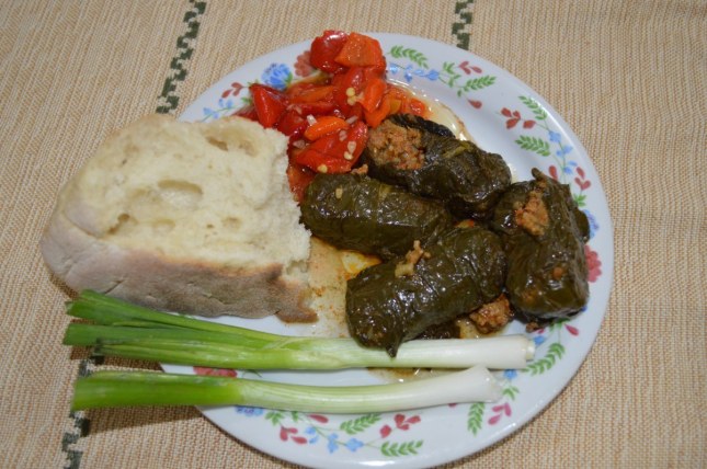 Sarma, pickled peppers, green onion and homemade bread