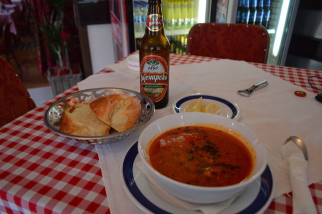 Fish soup (ribala corba) bread, and Zajecarsko Pivo